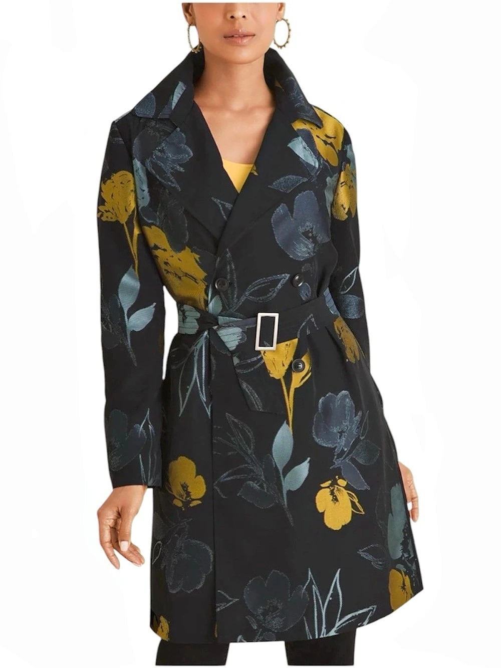 Chico’s Size Large (2) Floral Double Breasted Belted Trench Coat Black Blue